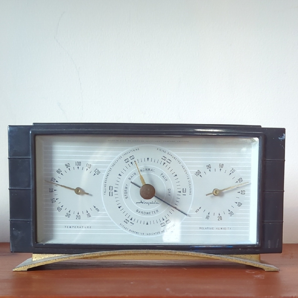 Vintage Airguide Weather Station Mid Century Black With Brass Toned Stand